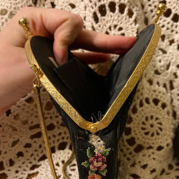 Vintage Circular Clutch Black Bag With Stitched Florals, Gold Accents - Picture 8 of 17